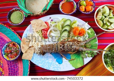 Lobster seafood Mexican style chili sauces tortilla food from Mexico