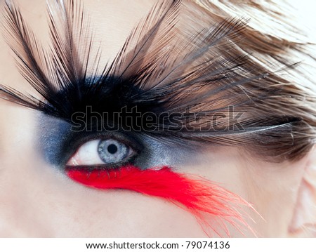 black bird woman eye makeup closeup macro red feather