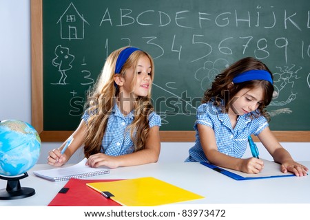 classroom with two kids students cheating on test exam at school