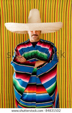 Mexican Typical Poncho Man With Sombrero And Mustache Over Yellow ...