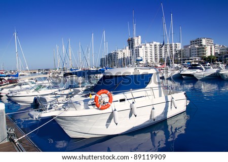 Ibiza San antonio Abad boats marina port in blue summer day at Spain