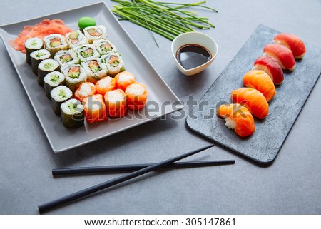 Sushi Maki and Niguiri California roll soy sauce and wasabi