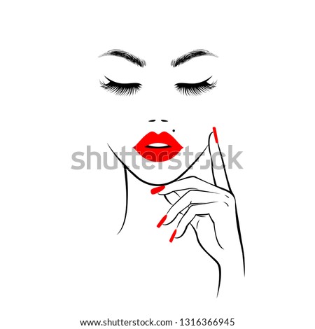 Beautiful woman face with red lips, lush eyelashes, hand with red manicure nails. Spa salon. Beauty Logo. Vector illustration