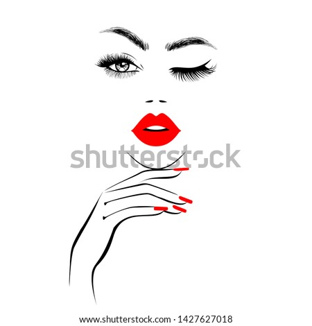 Beautiful woman face with red lips, lush eyelashes, one eye open one closed, hand with red manicure nails. Spa salon. Beauty Logo. Vector illustration