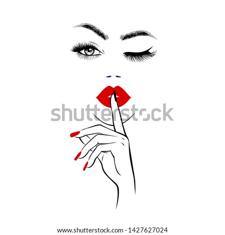 Beautiful woman face with red lips, lush eyelashes, one eye open one closed, hand with red manicure nails. Spa salon. Beauty Logo. Vector illustration