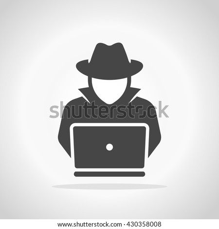 Spy agent searching on laptop. Hacker