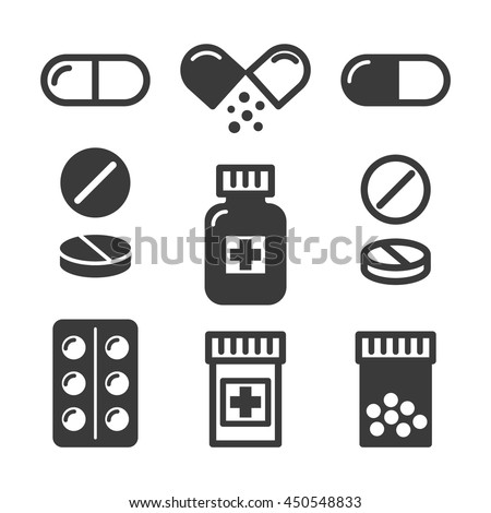 Medical pills and bottles icons set