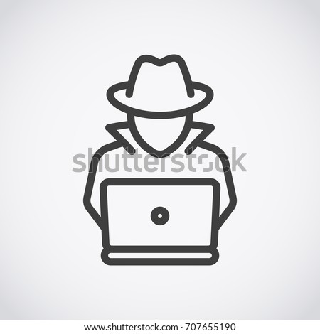 Spy agent searching on laptop. Hacker