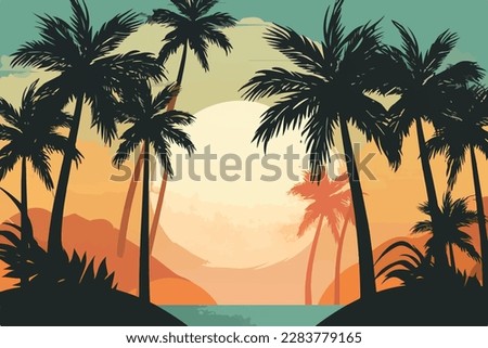 Vector of Palm Trees on and Island at Sunset