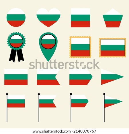 Bulgaria flag set in 16 shape versions. Collection of Bulgaria flag icons with square, circle, heart, triangle, medal, stamp and location shapes.