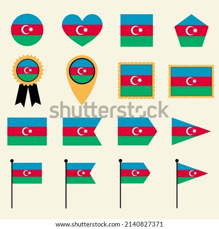 Azerbaijan flag icon set in 16 shape versions. Collection of Azerbaijan flag icons with square, circle, heart, triangle, medal, stamp and location shapes.