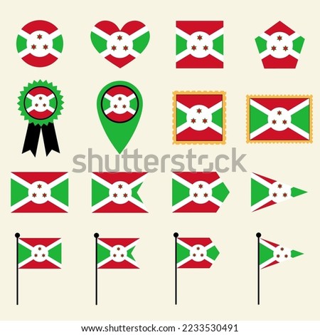 Burundi flag icon set in 16 shape versions. Collection of Burundi flag icons with square, circle, heart, triangle, medal, stamp and location shapes.