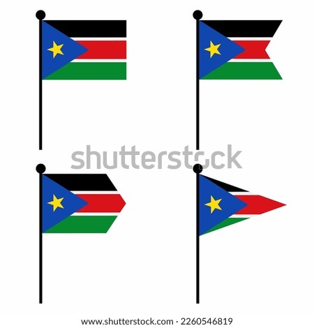 South Sudan waving flag icon set in 4 shape versions. Collection of flagpole sign for identity, emblem, and infographic. 