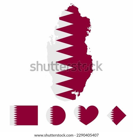 Vector of Qatar map flag with flag set isolated on white background. Collection of  flag icons with square, circle, love, heart, and rectangle shapes.