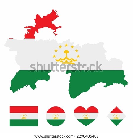 Vector of Tajikistan map flag with flag set isolated on white background. Collection of  flag icons with square, circle, love, heart, and rectangle shapes.