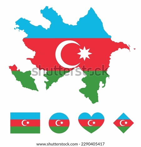 Vector of Azerbaijan map flag with flag set isolated on white background. Collection of  flag icons with square, circle, love, heart, and rectangle shapes.