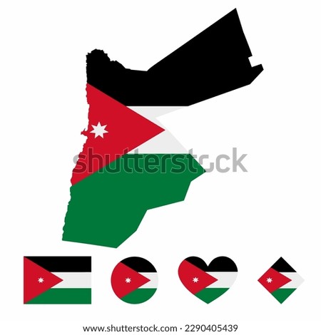 Vector of Jordan map flag with flag set isolated on white background. Collection of  flag icons with square, circle, love, heart, and rectangle shapes.