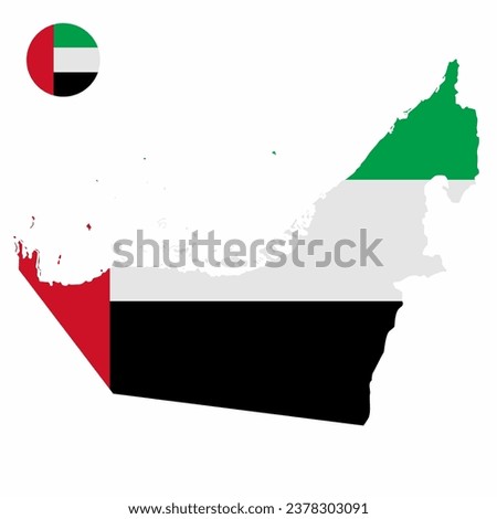 Vector set of United Emirates Arab high detailed map flag and national flag round badge isolated on white background.