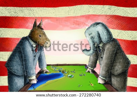 Democrats Donkey and republican elephant wearing suits face off versus each other over a map on a table