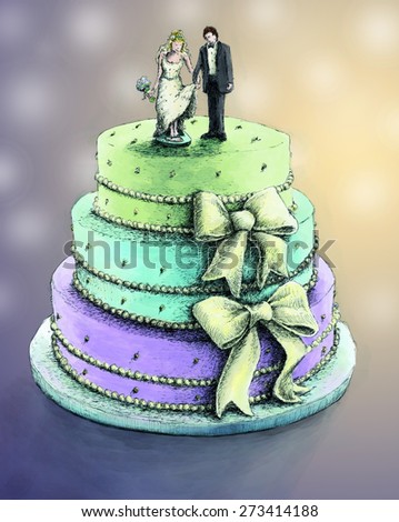 Fancy 3 tiered wedding cake with bows and a bride and groom on the top