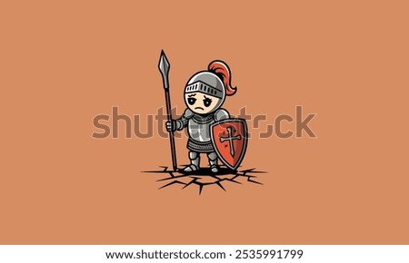 Sad knight holding a spear and shield, standing on cracked ground.