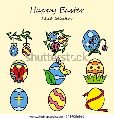 Easter Egg Editable Icons Set Filled Line Style. Easter, Egg, Flower, Plant, Cross. Filled Collection