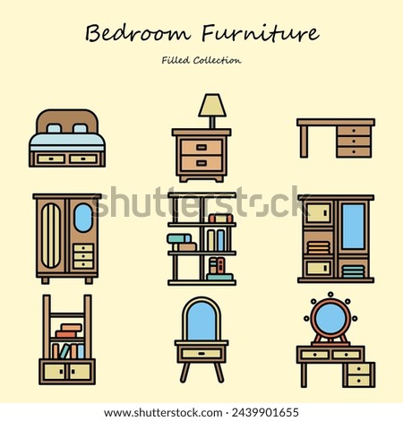 Bedroom Furniture Editable Icons Set Filled Line Style. With Various Shapes. Bed, bookshelf, wardrobe, table, dressing table. Filled Collection