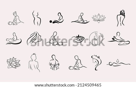 Set of massage Related Vector Icons. Includes such Icons as massage salon, massage therapist, therapy, health, organic, Spa, relaxation, yoga