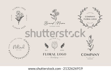 Botanical Floral element Hand Drawn Logo with Wild Flower and Leaves. Logo for spa and beauty salon, boutique, organic shop, wedding, floral designer, interior, photography, cosmetic.