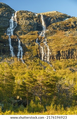 Two waterfalls in Stora sjöfallet nationalpark, from a high and steep mountain in spring time with budding birch trees, Stora sjöfallet nationalpark, Swedish Lapland, Sweden Stock foto © 