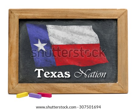 Texas nation on black chalkboard with Texas flag.