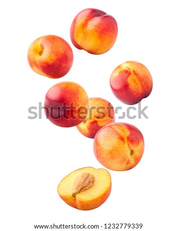 Similar – Image, Stock Photo Sliced fresh peach and grape on homemade ceramic plate on yellow tablecloth,