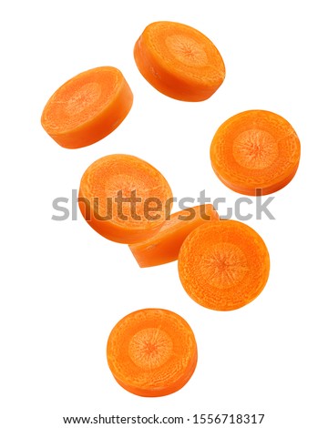 Falling Carrot slice isolated on white background, clipping path, full depth of field