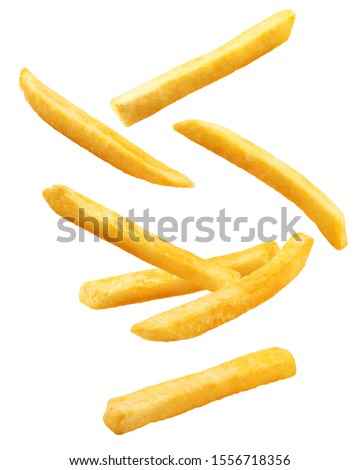 Falling french fries, potato fry isolated on white background, clipping path, full depth of field Imagine de stoc © 