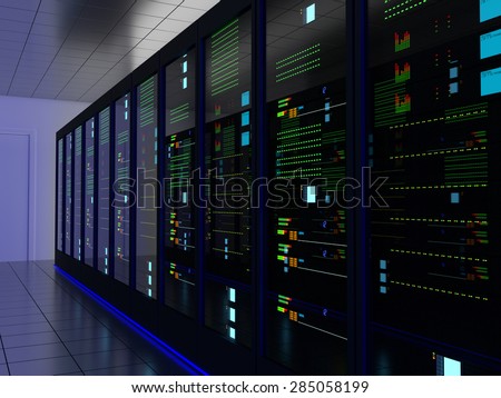 Server room (colocation) or colo with several cabinets, server, switches and gateways. Foto stock © 