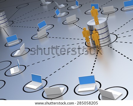 Database engineer, standing at an abstract designed database server environment