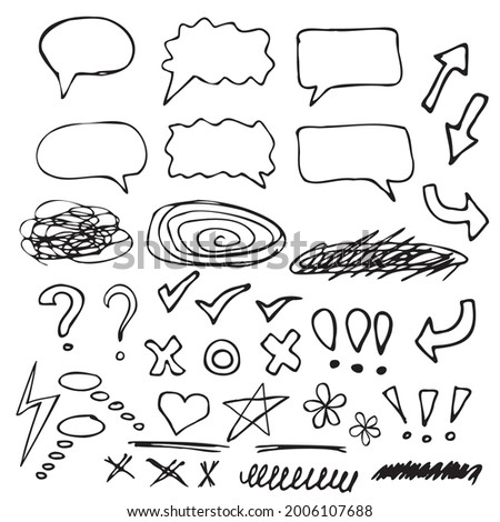 Doodle set, black lines, arrows, star, heart, question mark, exclamation mark, strikethrough, suitable for text and notes. vector illustration