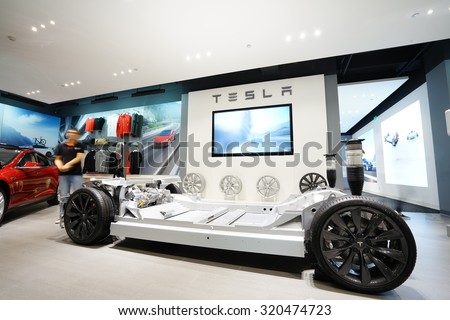 Hangzhou, China - Sept. 23, 2015: New Tesla Model S showroom has arrived in Hangzhou, China. Tesla is an American company that designs, manufactures, and sells electric cars