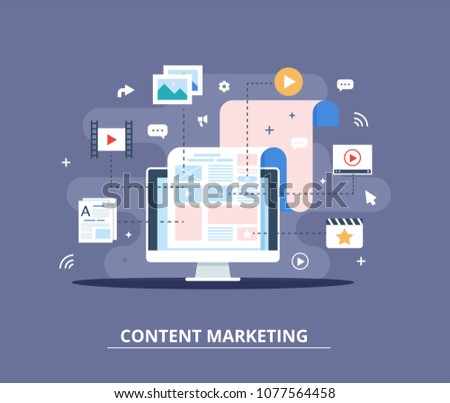 Content Marketing, Blogging and SMM concept in flat design. Web page fill out with content. articles and media materials uploading process. Creating, marketing and sharing of digital - vector