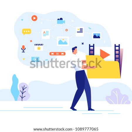 A man carries a large folder with media files. Engaging content concept. Communication with subscribers vector illustration.