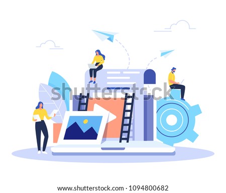 Engaging content, blogging, media planning, promotion in social network concept. Flat vector illustration.