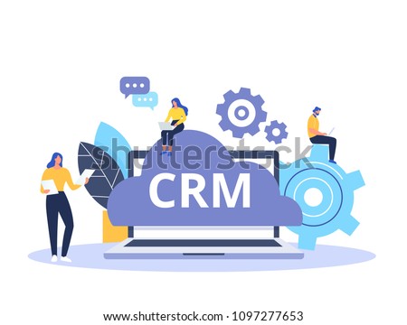 CRM concept design with vector elements. Flat icons of accounting system, planning tasks, support, deal. Organization of data on work with clients, Customer Relationship Management.