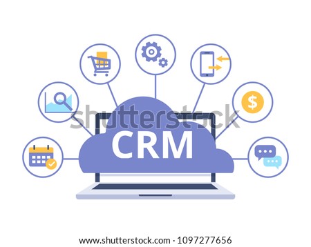 CRM concept design with vector elements. Flat icons of accounting system, planning tasks, support, deal. Organization of data on work with clients, Customer Relationship Management.