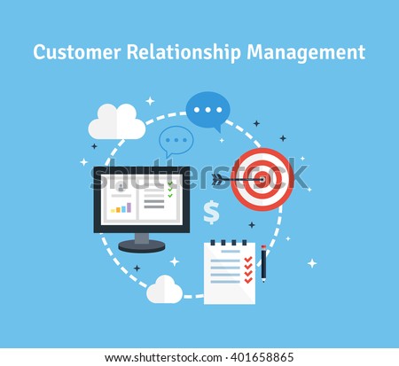 Customer Relationship Management. Vector illustration. Flat icons of target, objectives, support, deal.  Concept of the organization of data on work with clients. CRM and accounting system.