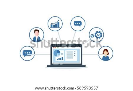 CRM concept design with vector elements. Flat icons of accounting system, clients, support, deal. Organization of data on work with clients, Customer Relationship Management.