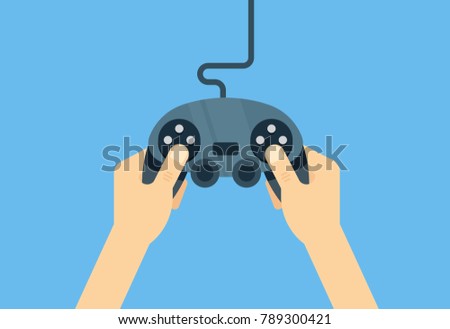 Hands holding gamepad - flat vector iillustration. Leisure gamer concept.