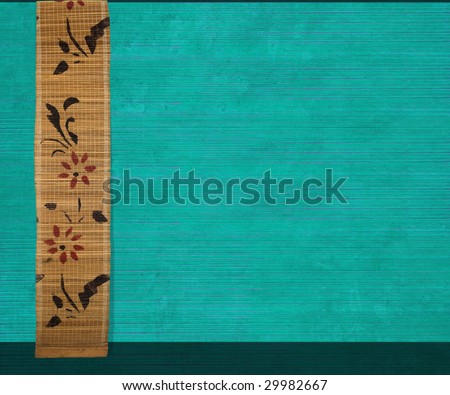 flower bamboo banner on aquamarine ribbed wood background