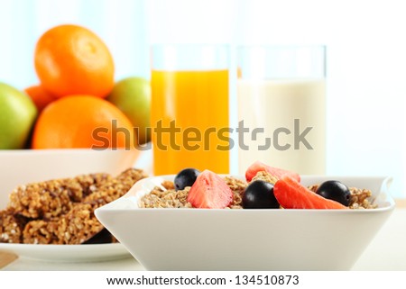 Table Breakfast - Continental Breakfast, fruit, cereals, orange juice and milk