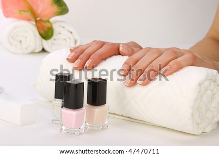 Beauty treatment photo of nice manicured woman palms