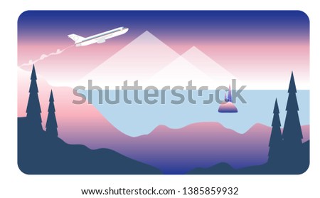 Landscape with with a plane taking off above the sea. Vector banners set with landscape illustration.